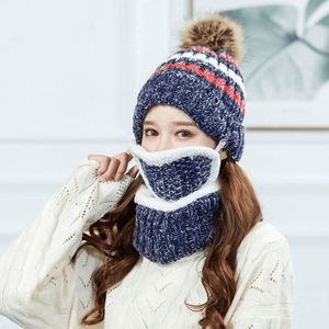 Women's Soft Warm Fleece Lined Knit Winter Hat Scarf Face Mask Set Navy Blue One